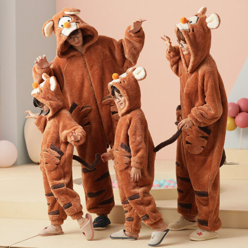 Cartoon Tiger Coral Velvet Matching Family Animal Onesies - Image 2