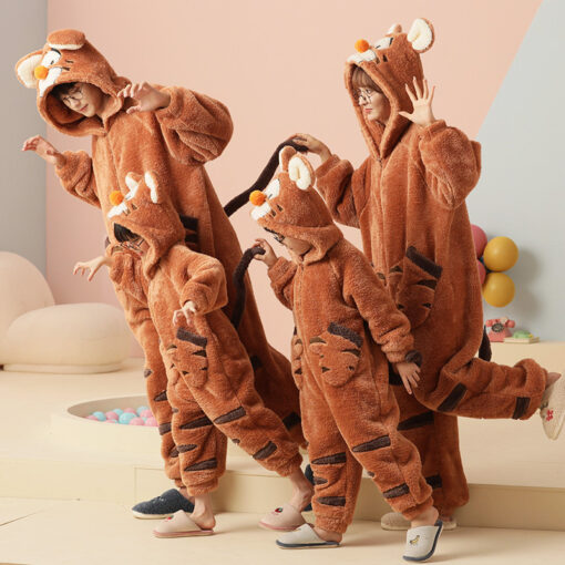 Cartoon Tiger Coral Velvet Matching Family Animal Onesies