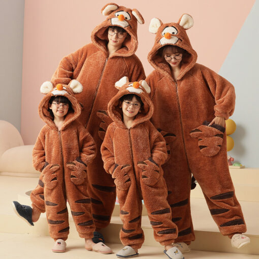 Cartoon Tiger Coral Velvet Matching Family Animal Onesies - Image 3