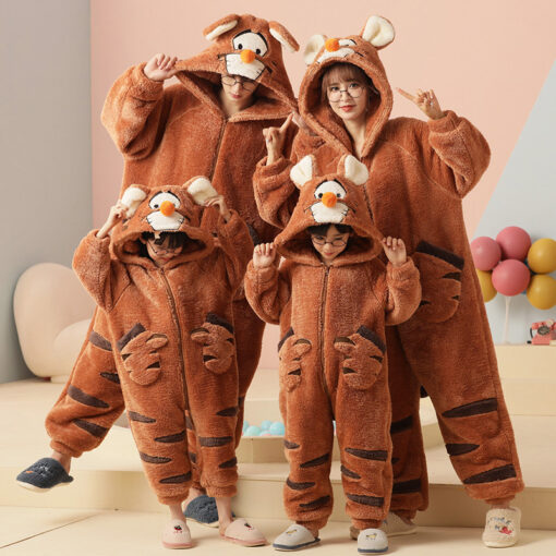 Cartoon Tiger Coral Velvet Matching Family Animal Onesies - Image 4