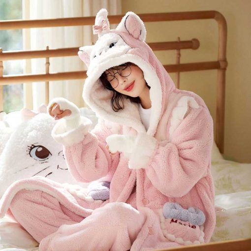 Marie Cat Coral Fleece Pajamas - Thickened Warm Robe Homewear for Women (Autumn/Winter)