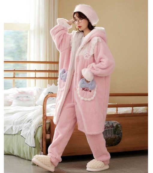 Marie Cat Coral Fleece Pajamas - Thickened Warm Robe Homewear for Women (Autumn/Winter) - Image 4