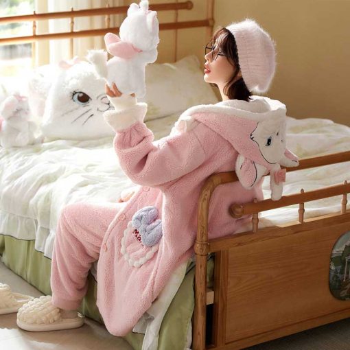 Marie Cat Coral Fleece Pajamas - Thickened Warm Robe Homewear for Women (Autumn/Winter) - Image 2