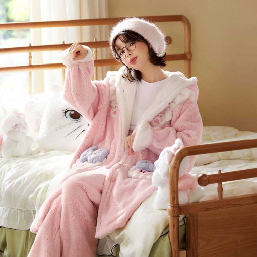 Marie Cat Coral Fleece Pajamas - Thickened Warm Robe Homewear for Women (Autumn/Winter) - Image 3