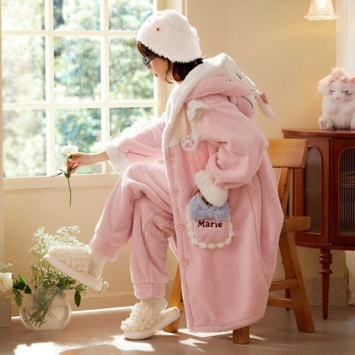 Marie Cat Coral Fleece Pajamas - Thickened Warm Robe Homewear for Women (Autumn/Winter) - Image 5