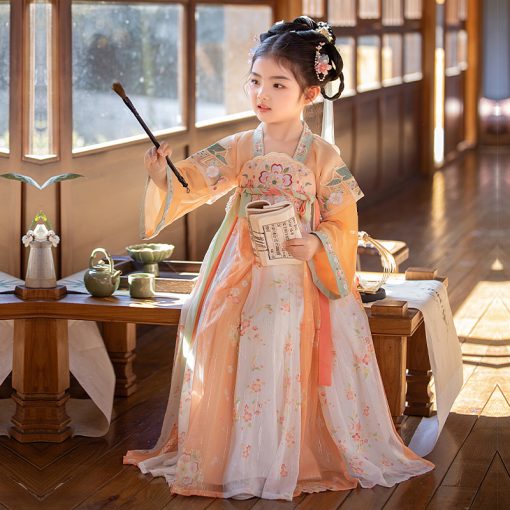 Vibrant Sunset: Exquisite Embroidered Cherry Blossom Girl's Orange Hanfu Dress for Summer - Image 2