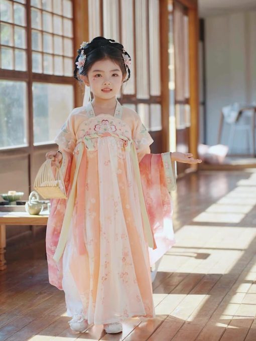 Vibrant Sunset: Exquisite Embroidered Cherry Blossom Girl's Orange Hanfu Dress for Summer - Image 5