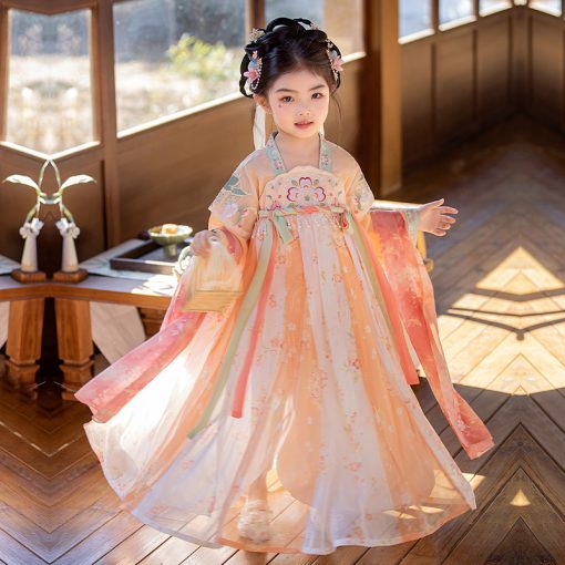 Vibrant Sunset: Exquisite Embroidered Cherry Blossom Girl's Orange Hanfu Dress for Summer - Image 4