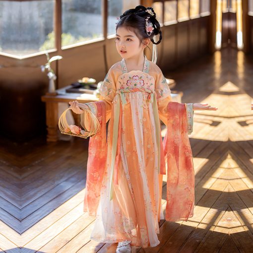 Vibrant Sunset: Exquisite Embroidered Cherry Blossom Girl's Orange Hanfu Dress for Summer - Image 3