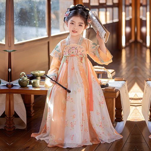 Vibrant Sunset: Exquisite Embroidered Cherry Blossom Girl's Orange Hanfu Dress for Summer