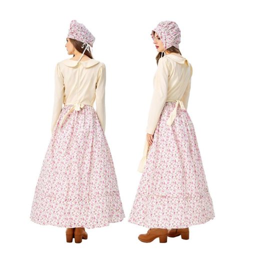 Women's Victorian Farmhouse Maid Costume, White Floral Cottage Core Countryside Lady Butler Outfit - Image 3