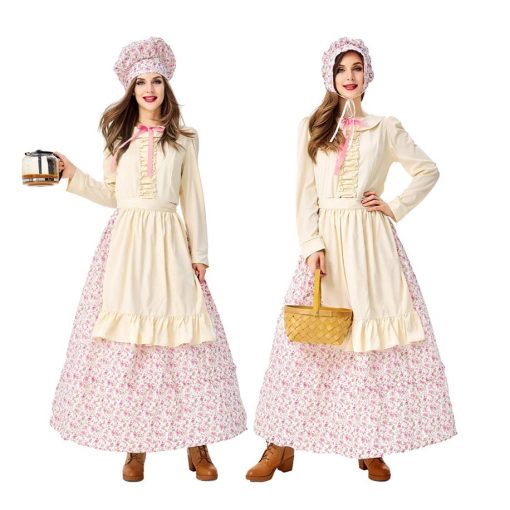 Women's Victorian Farmhouse Maid Costume, White Floral Cottage Core Countryside Lady Butler Outfit - Image 2