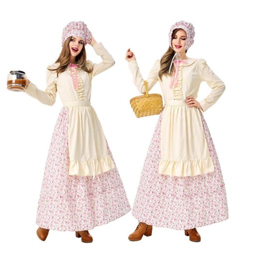 Women's Victorian Farmhouse Maid Costume, White Floral Cottage Core Countryside Lady Butler Outfit