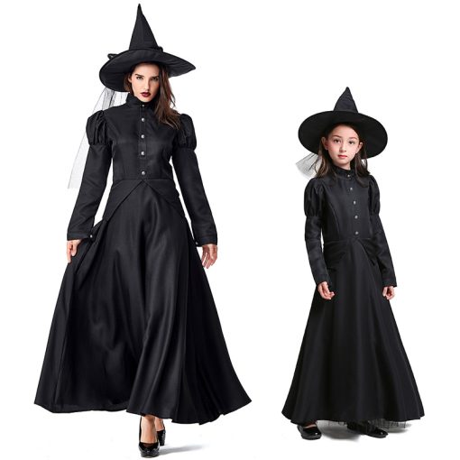 Wicked Witch Mother-Daughter Costume, Black Sorceress Cosplay Outfit for Halloween Stage Performance