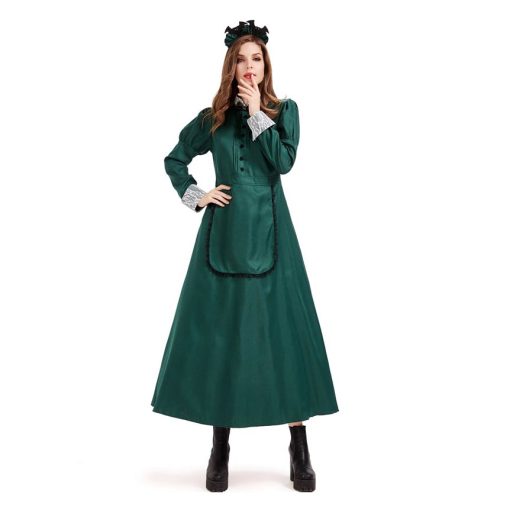 Emerald Enchantress: Dark Green Bat Wing Maid Costume for Women - Gothic Castle Inspired Long Sleeve Gown - Image 4