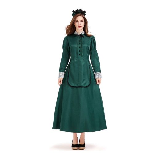 Emerald Enchantress: Dark Green Bat Wing Maid Costume for Women - Gothic Castle Inspired Long Sleeve Gown - Image 3