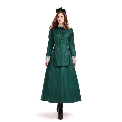 Emerald Enchantress: Dark Green Bat Wing Maid Costume for Women - Gothic Castle Inspired Long Sleeve Gown - Image 2