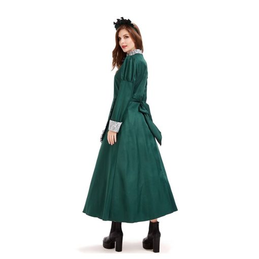 Emerald Enchantress: Dark Green Bat Wing Maid Costume for Women - Gothic Castle Inspired Long Sleeve Gown