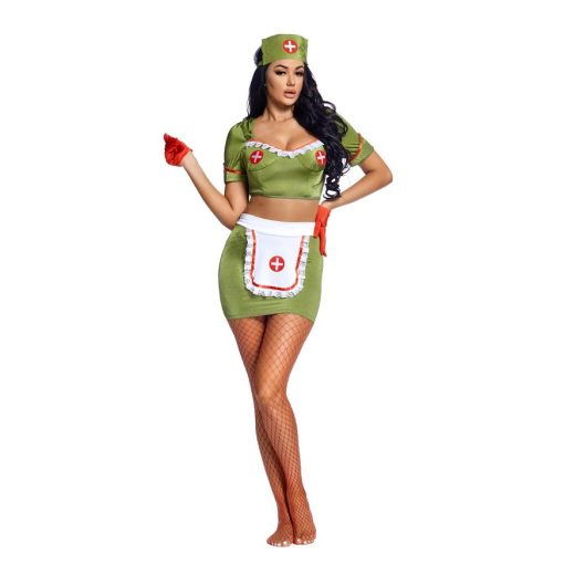 Military Nurse Uniform for Ladies - Green Camouflage Split Back Mini Skirt - Image 2