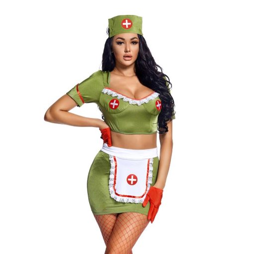 Military Nurse Uniform for Ladies - Green Camouflage Split Back Mini Skirt - Image 4