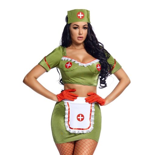 Military Nurse Uniform for Ladies - Green Camouflage Split Back Mini Skirt - Image 5