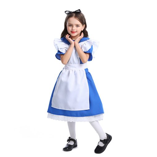 Alice in Wonderland Inspired Blue Princess Costume for Girls - Halloween Fairy Tale Maid Dress - Image 3