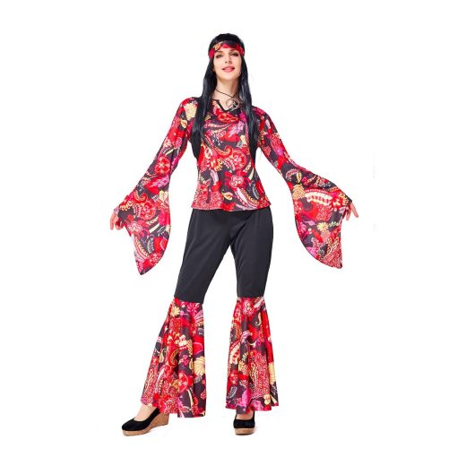 Hippie Chic Costume - 60s Retro Red & Black Jumpsuit for Women's Party & Cosplay