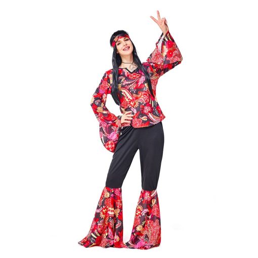 Hippie Chic Costume - 60s Retro Red & Black Jumpsuit for Women's Party & Cosplay - Image 4