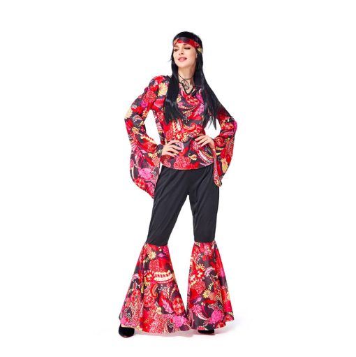 Hippie Chic Costume - 60s Retro Red & Black Jumpsuit for Women's Party & Cosplay - Image 2