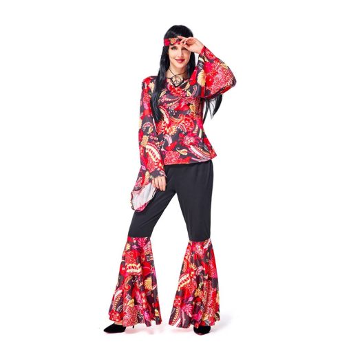 Hippie Chic Costume - 60s Retro Red & Black Jumpsuit for Women's Party & Cosplay - Image 3