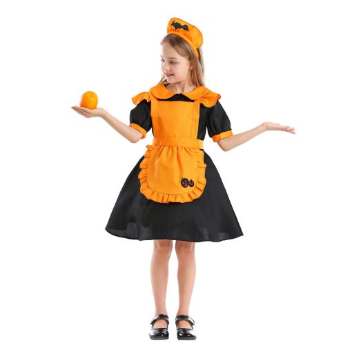 Orange Pumpkin Girls' Halloween Costume, Bat Wing Maid Outfit for Stage Performance, Japanese Style Lolita Dress for Kids - Image 3