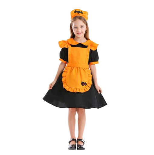 Orange Pumpkin Girls' Halloween Costume, Bat Wing Maid Outfit for Stage Performance, Japanese Style Lolita Dress for Kids - Image 2