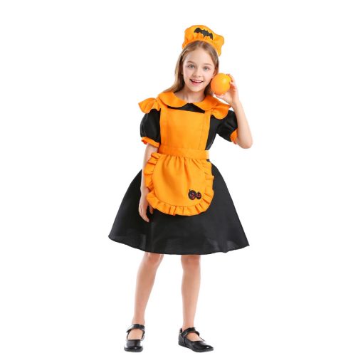 Orange Pumpkin Girls' Halloween Costume, Bat Wing Maid Outfit for Stage Performance, Japanese Style Lolita Dress for Kids - Image 4