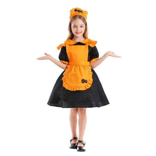 Orange Pumpkin Girls' Halloween Costume, Bat Wing Maid Outfit for Stage Performance, Japanese Style Lolita Dress for Kids