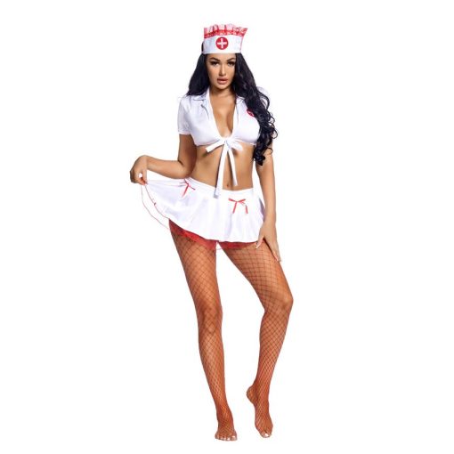 Nurse Cosplay Outfit - White Split Back Net Bodysuit & Stockings for Ladies - Image 2