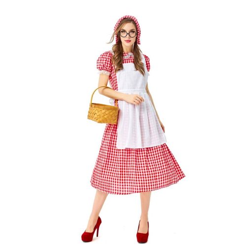 French Farmhouse Chic: Red and White Checkered Lace Oktoberfest Maid Costume Dress - Halloween Costume