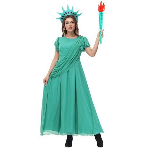 Women's Green Sparkle Goddess Costume, American Icon Statue Party Long Dress for Halloween - Image 4