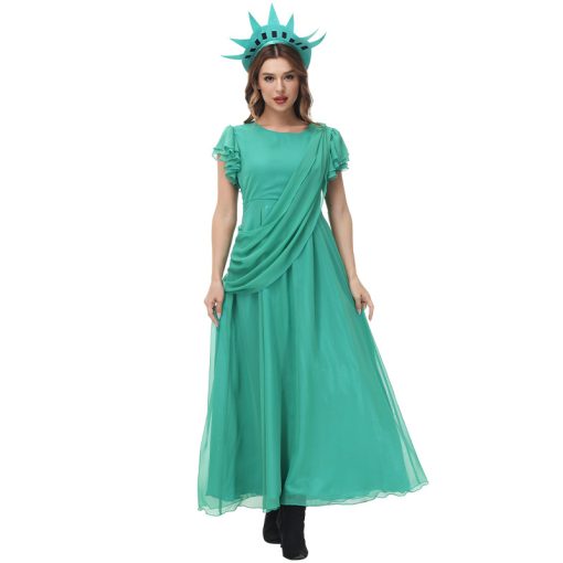 Women's Green Sparkle Goddess Costume, American Icon Statue Party Long Dress for Halloween