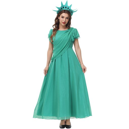 Women's Green Sparkle Goddess Costume, American Icon Statue Party Long Dress for Halloween - Image 2