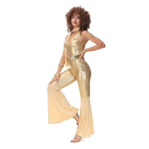 Halloween Gold Disco Dance Outfit for Women, Retro Jumpsuit for Club and Music Festival Events