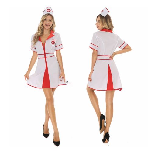 Sexy Red & White Nurse Costume - Deep V Neck Nurse Uniform - Image 2