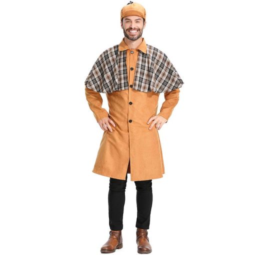 Grid Pattern Cape Detective Costume - Yellow Detective Outfit for Men and Mystery Enthusiasts