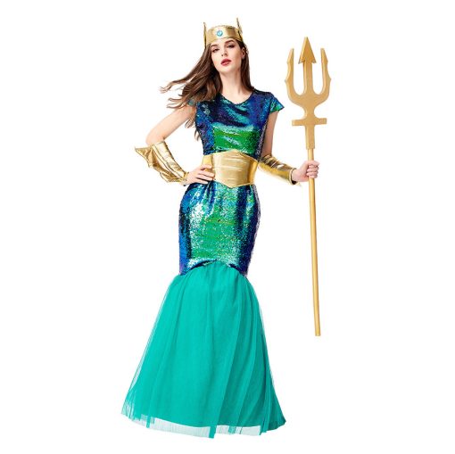 Captivating Mermaid Queen Costume: Iridescent Green Mythical Creature Cosplay Gown for Halloween - Image 3