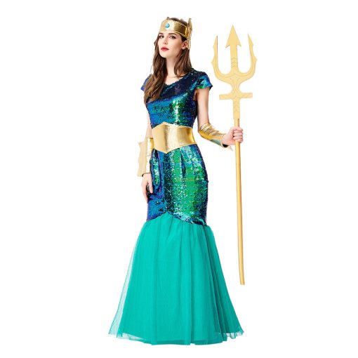 Captivating Mermaid Queen Costume: Iridescent Green Mythical Creature Cosplay Gown for Halloween