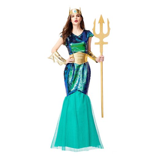 Captivating Mermaid Queen Costume: Iridescent Green Mythical Creature Cosplay Gown for Halloween - Image 2