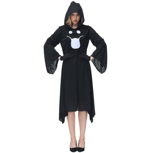 Bewitching Phantasmal Masquerade: Avant-Garde Long Black Robe Halloween Costume for Spooky Party