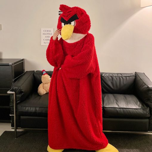 Angry Red Birds-Inspired Couple's Winter Coral Fleece Pajamas with Hooded Robe