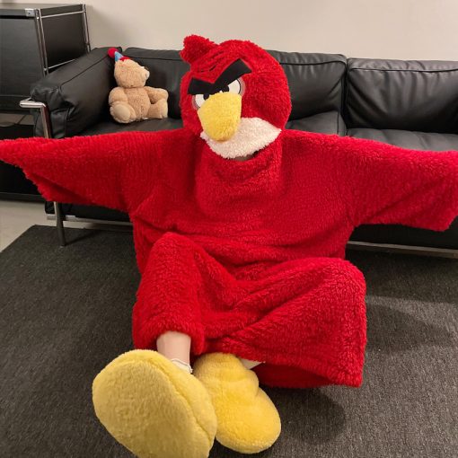 Angry Red Birds-Inspired Couple's Winter Coral Fleece Pajamas with Hooded Robe - Image 4