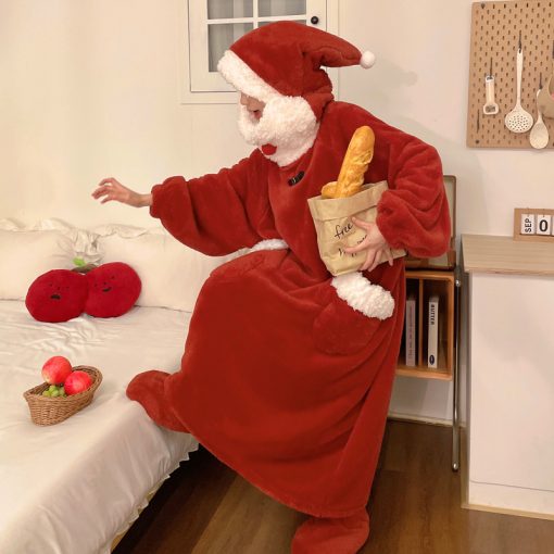 Cute Red Santa Hooded Plush Winter Robe for Women - Kawaii Cosplay Loungewear Dress