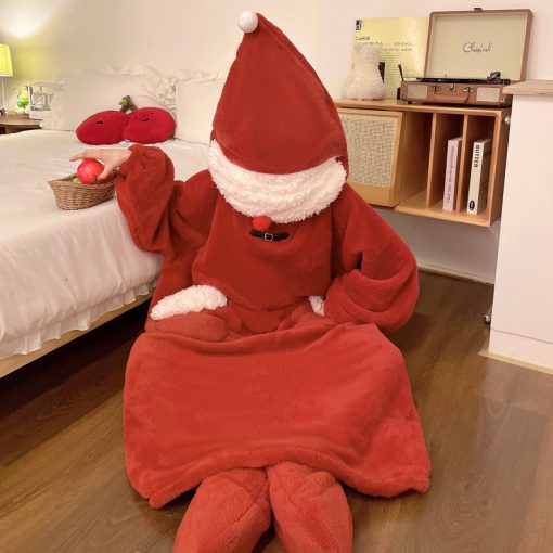 Cute Red Santa Hooded Plush Winter Robe for Women - Kawaii Cosplay Loungewear Dress - Image 4